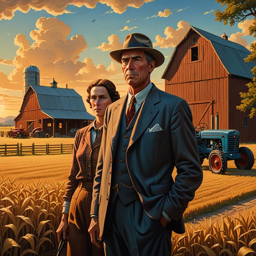 Surreal American Gothic Farmers and City Dweller Oil Paintin...