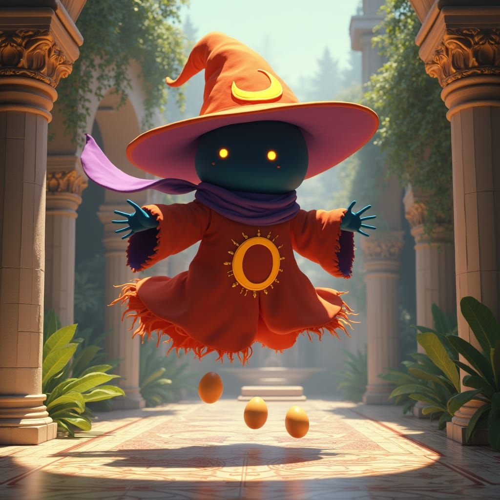 Floating Magician Orko in Vibrant Palace Courtyard