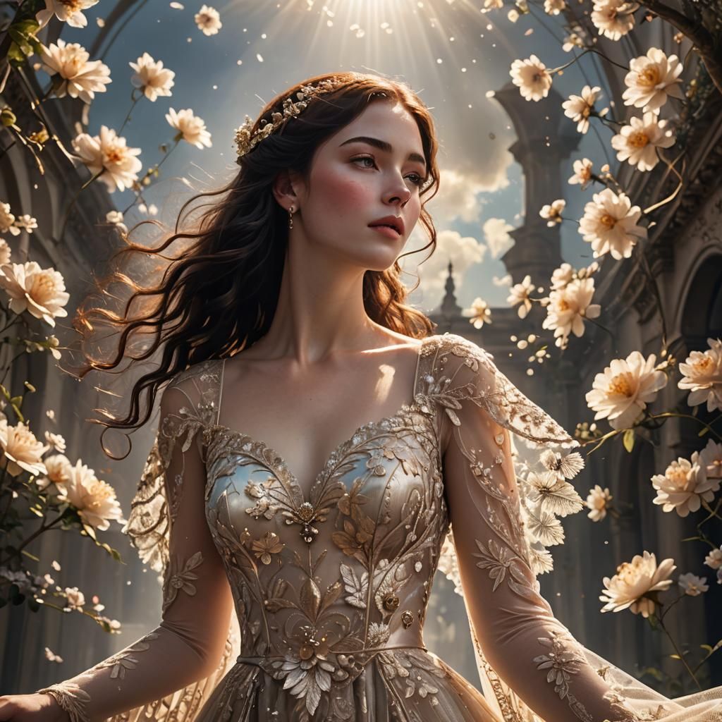 Woman in Gown Surrounded by Heavenly Light