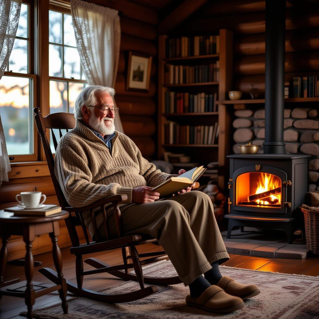 Cozy Cabin Scene at Dusk in Realistic Illustration Style