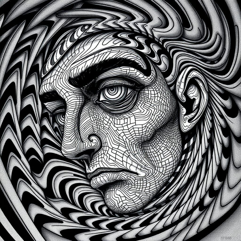 Hypnotic Spiral Face Portrait in Surrealist Style