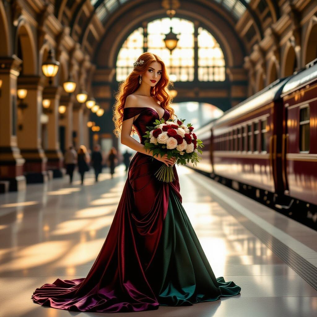 Woman in Emerald Gown at Train Station