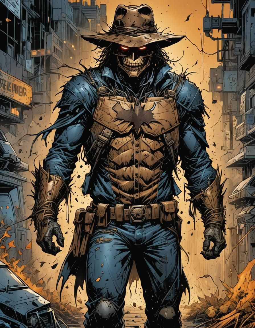 Scarecrow Gassing Police Officer in Comic Book Style