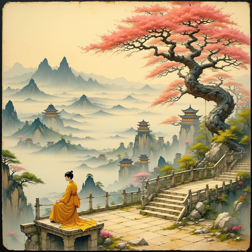 Great Wall of China in Traditional Painting Style