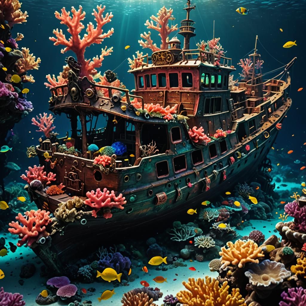 Sunken Pirate Ship Wreck with Coral Reefs