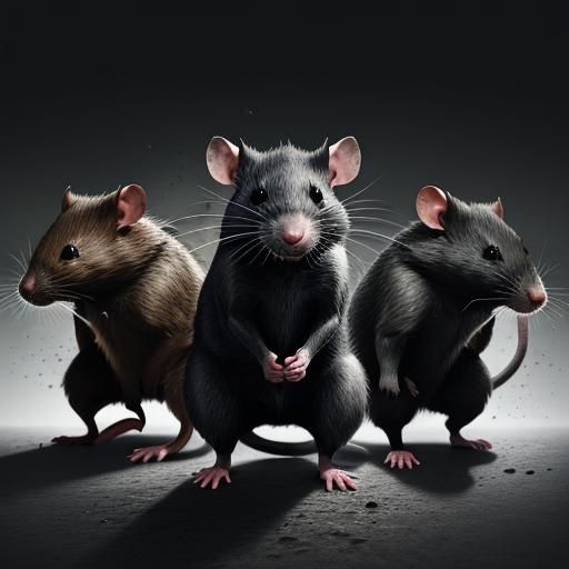 Three Realistic Rats on Black, Hyperrealistic Concept Art
