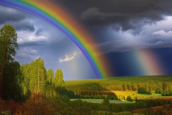 Dramatic Rainbow Over Valley Landscape