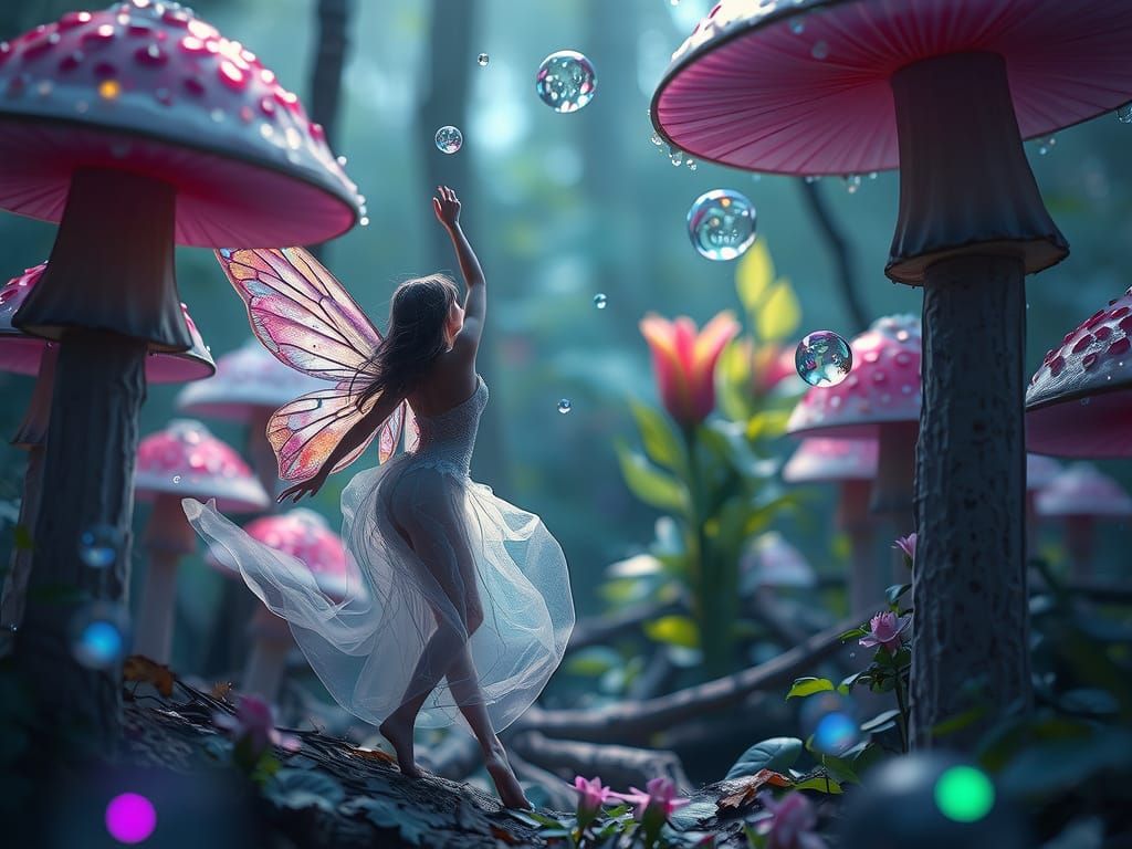 Surreal Forest Fairies Dance Among Glowing Mushrooms in Whim...
