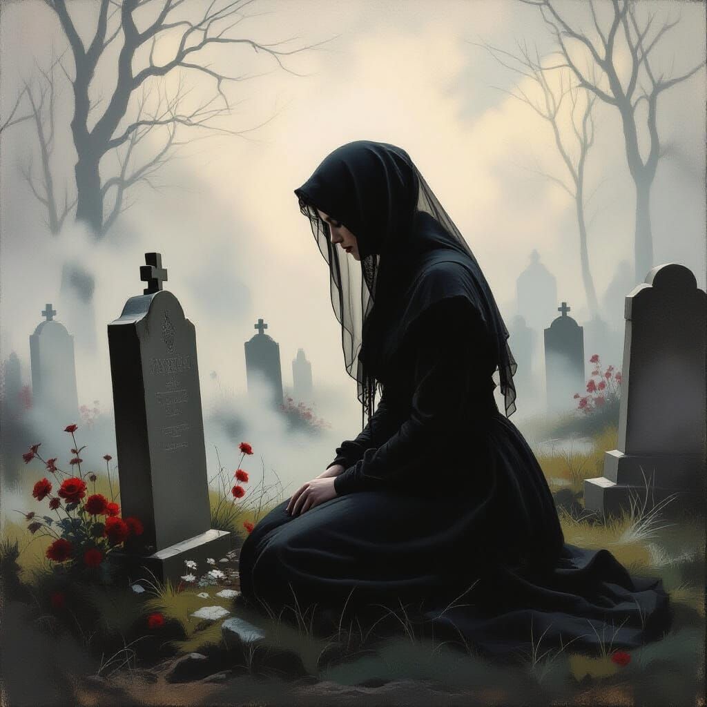 Mourning Woman at Grave in Atmospheric Cemetery