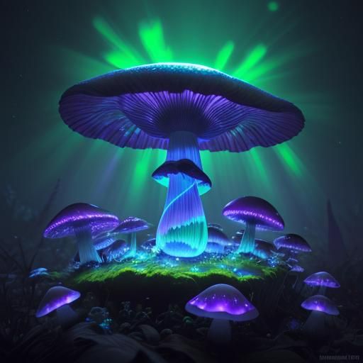 Bioluminescent Alien Mushroom in Holographic Illustration