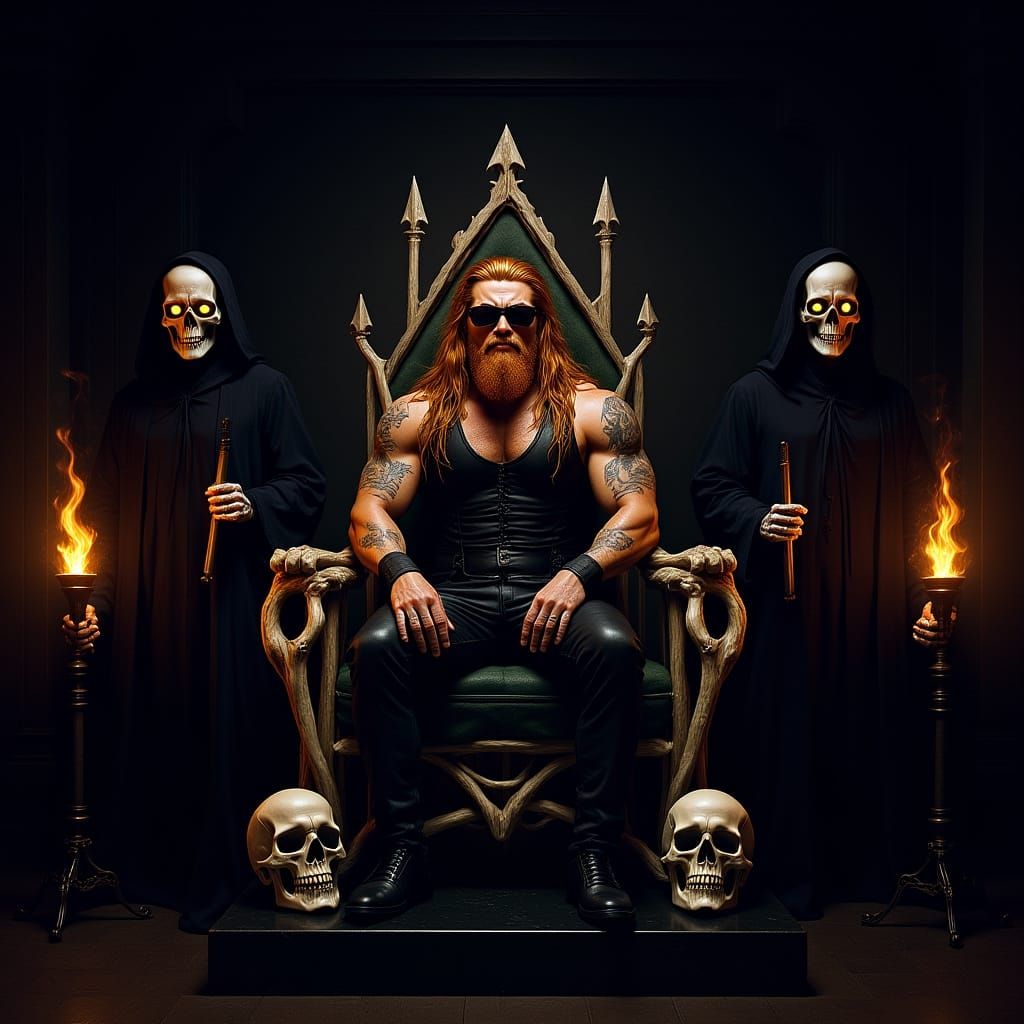 Wrestler King on Bone Throne in Dark Fantasy Style