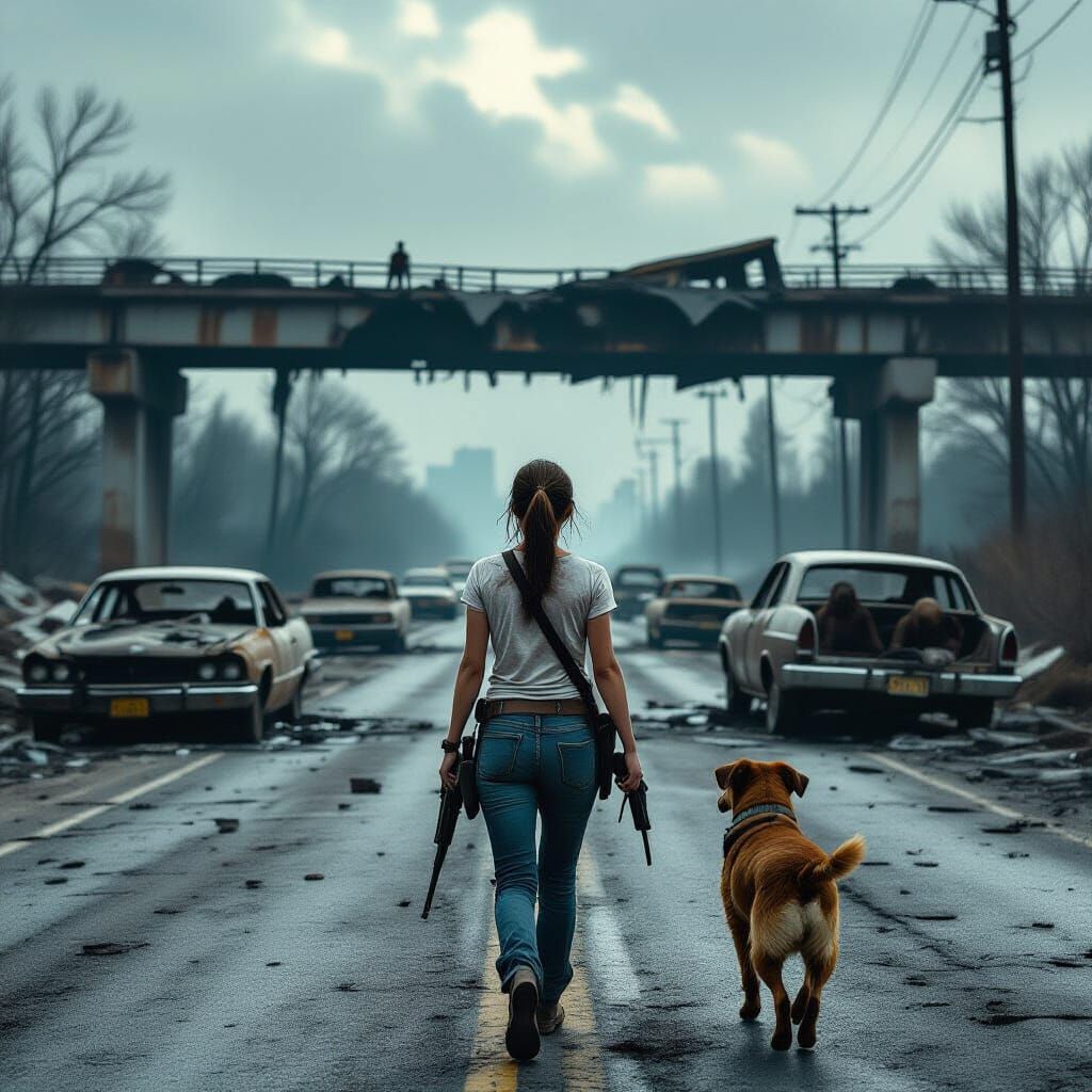 Survivor and Dog Journey Through Apocalyptic Ruins