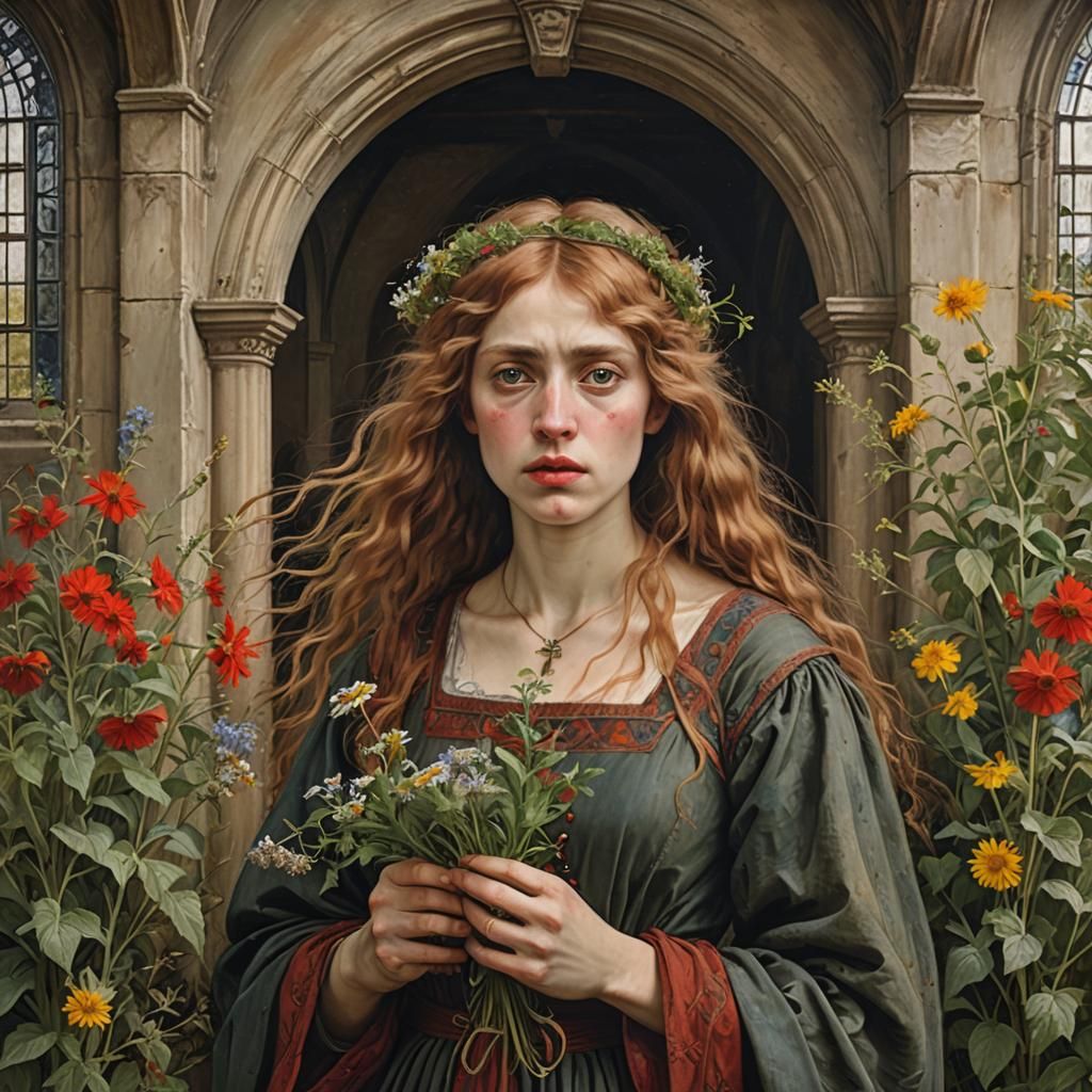 Mad Girl Singing in Mediaeval Hall, Pre-Raphaelite Style