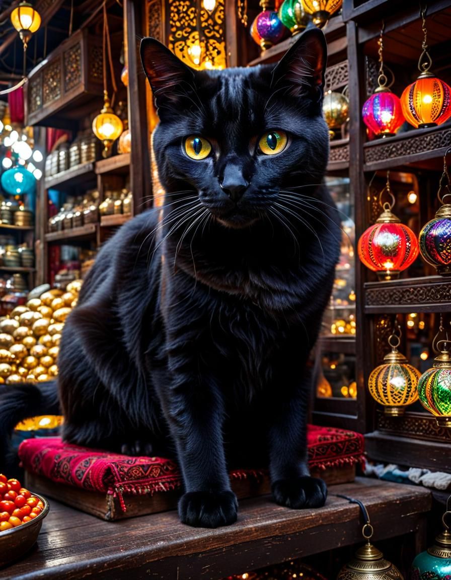 Exotic Black Cat in Turkish Bazaar
