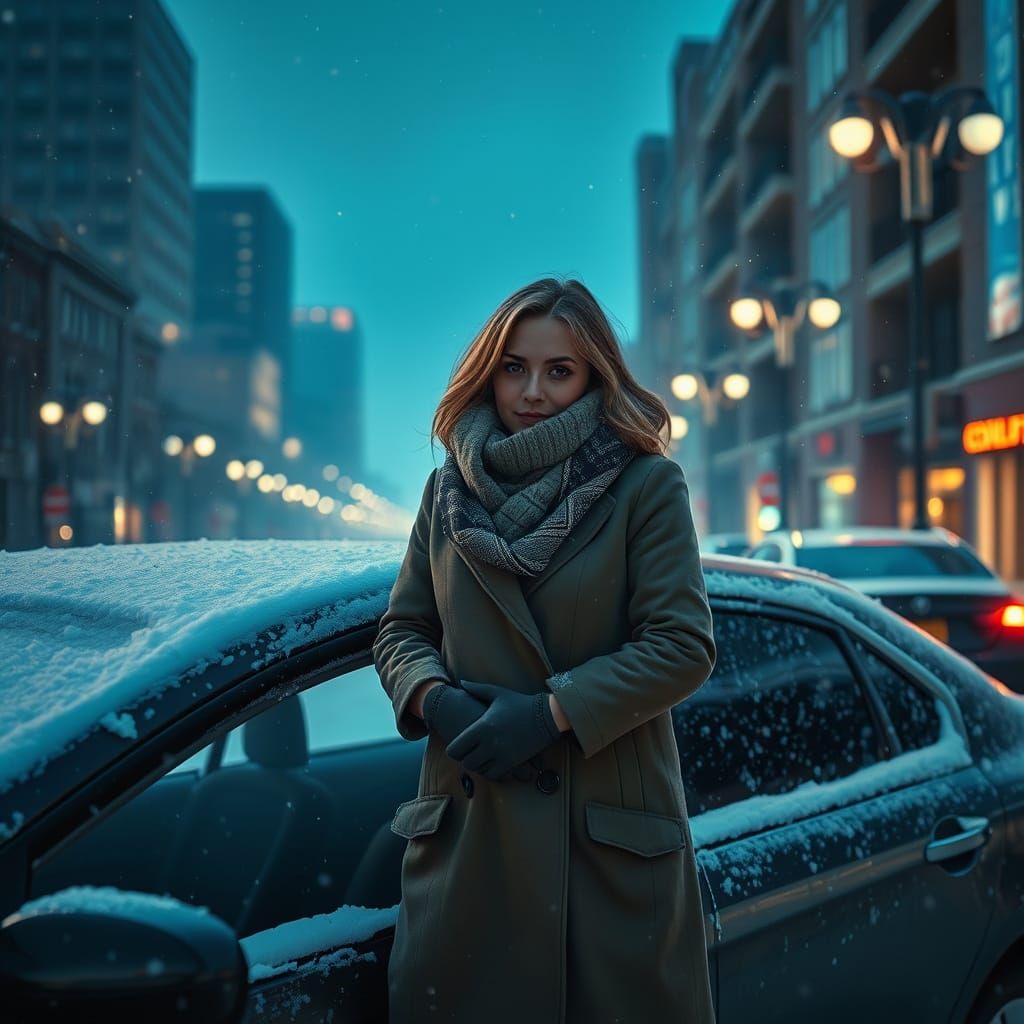 Woman in Winter Cityscape in Digital Painting Style