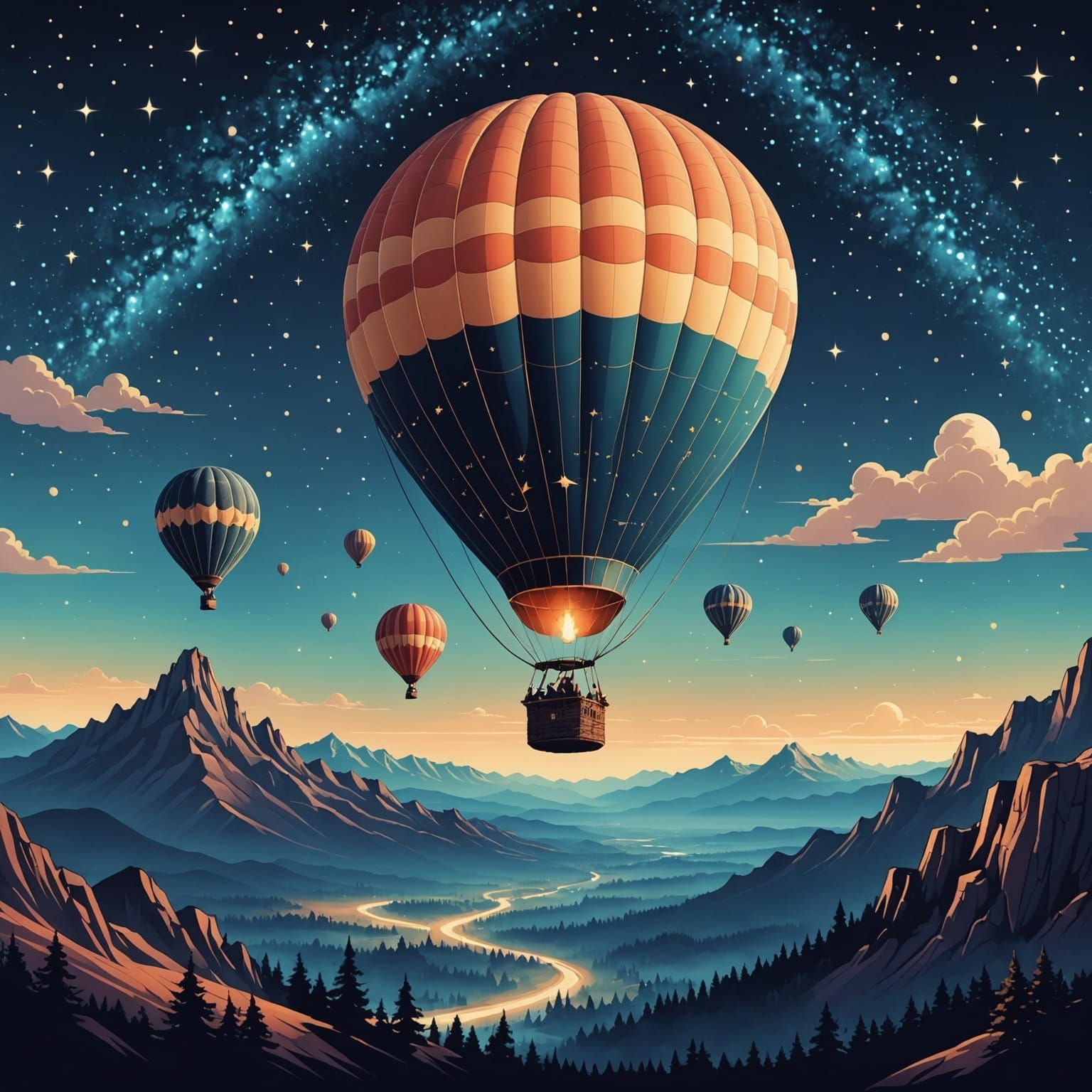 Vintage Hot Air Balloon Under Starry Night Sky