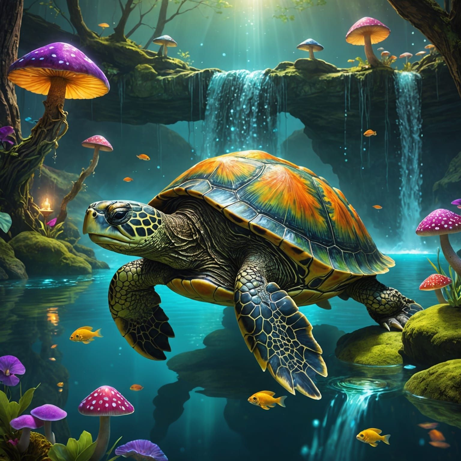 Fantasy Turtle Emerges from Lake with Magical Waterfalls