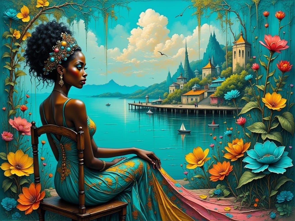 Monochromatic Turquoise Portrait with Impasto Brushstrokes