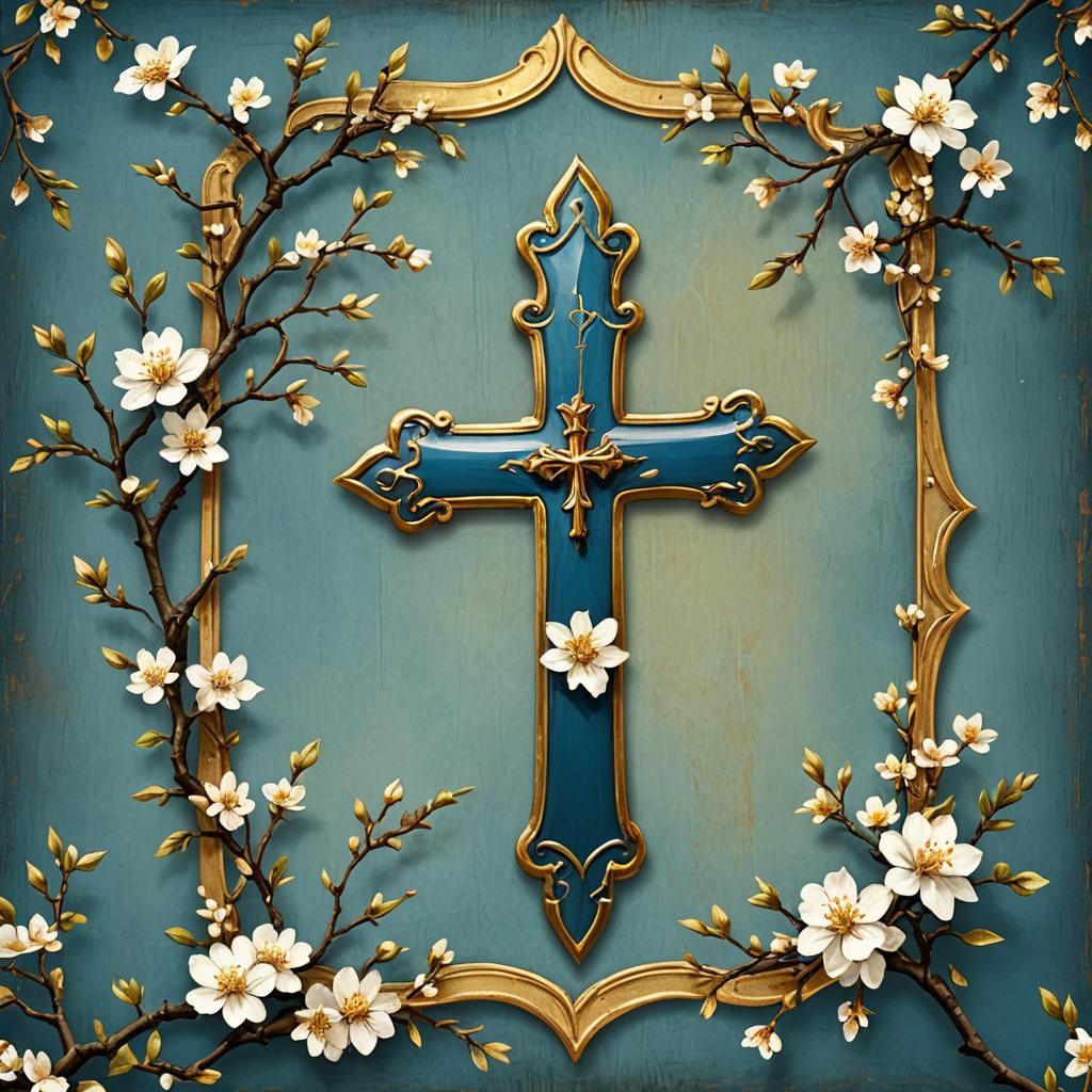 Blue Banner with Antique Yellow Cross and Blossoms