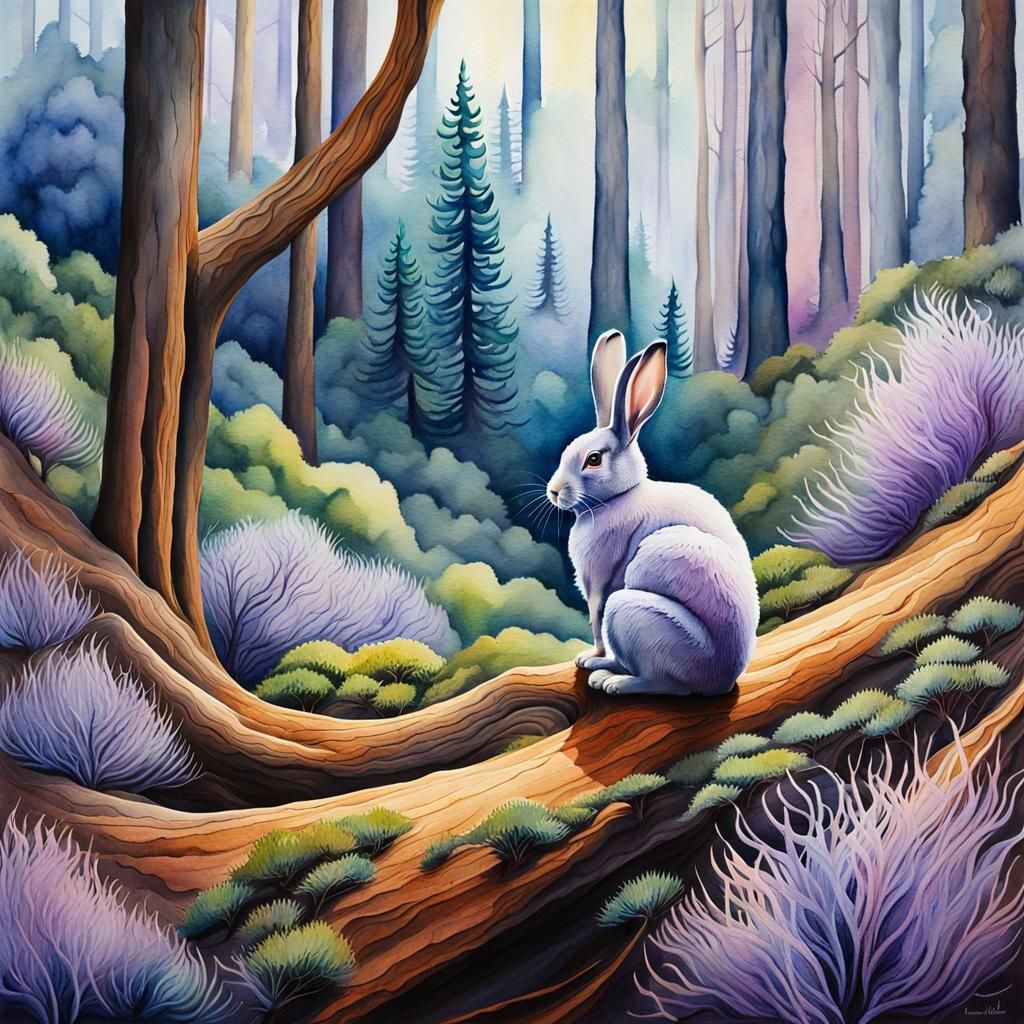 Rabbit in Surreal Sequoia Forest, Dreamscape Pastel Art