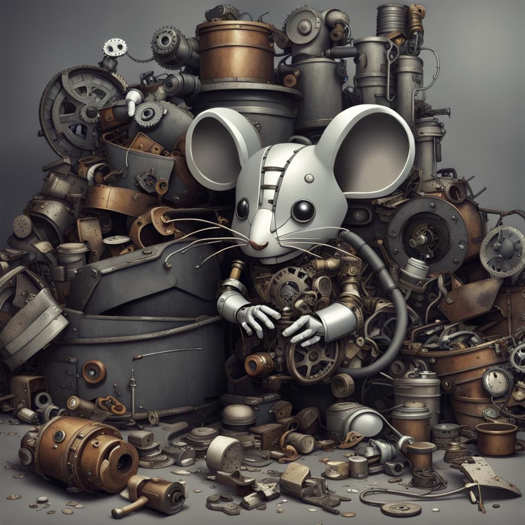 Steampunk Robot Mouse Searches Scrap in Dystopia