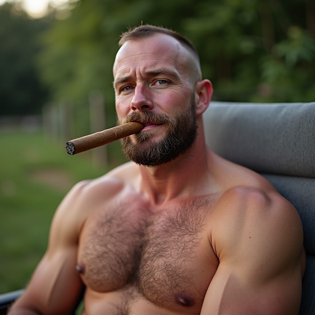 Bodybuilder with Cigar in Lawn Chair