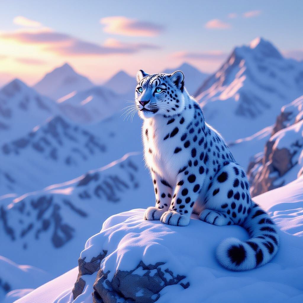 Snow Leopard's Vigil on Mountain Peak in 3D Anime Style