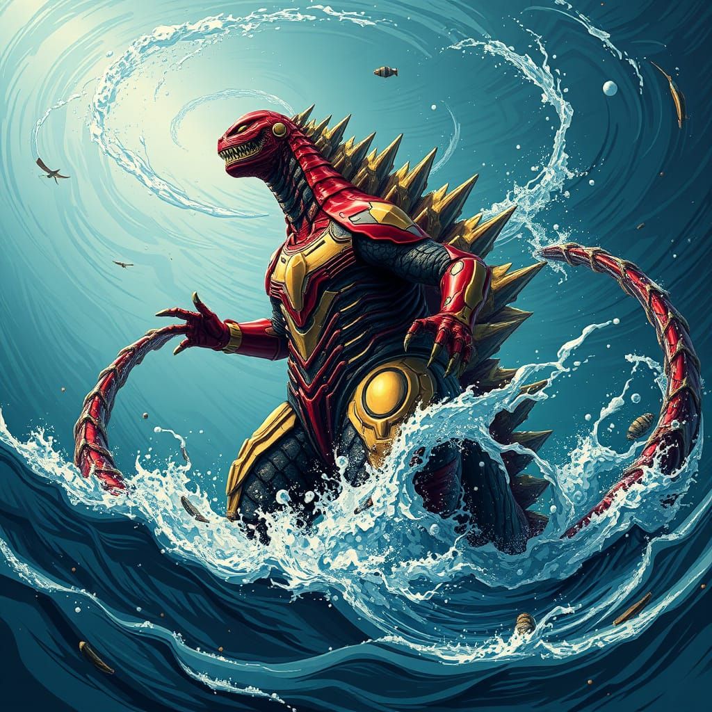 Godzilla in Iron Spider Suit Emerges from Ocean Depths