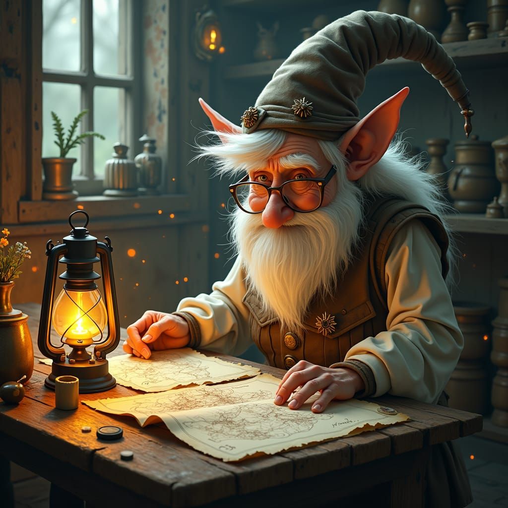 Gnome Wizard Studying Ancient Maps in Candlelight