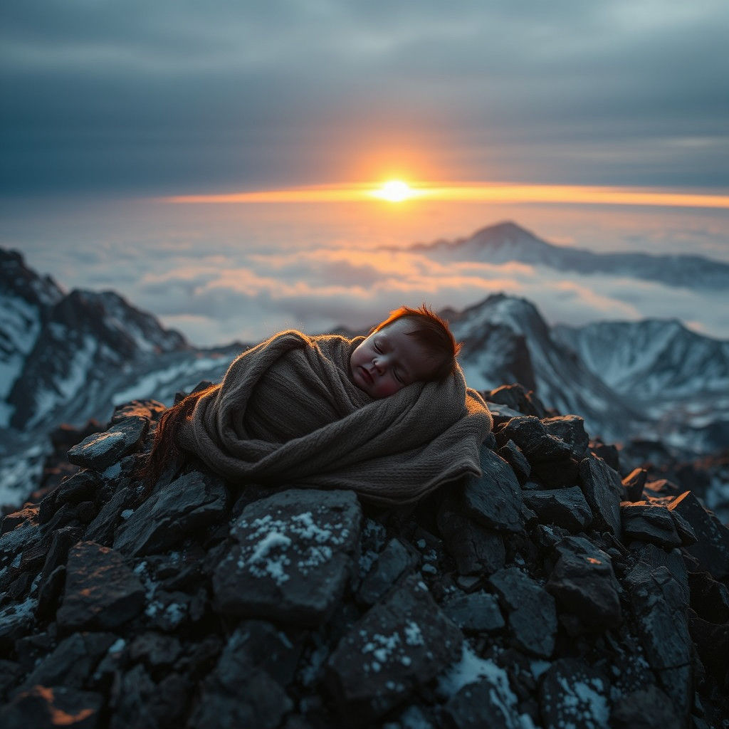 Newborn on Mountain Summit: Haunting Beauty