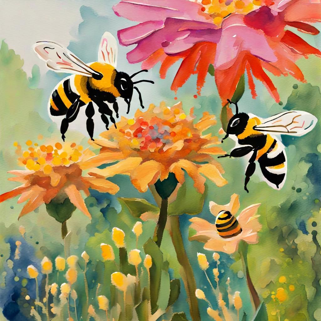 Eternal Busy Bees in Gouache Watercolor Style