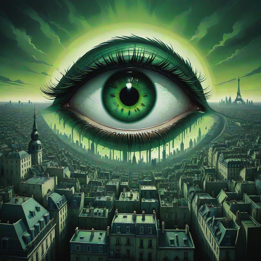 Surrealist Parisian Cityscape with a Haunting Green Eye