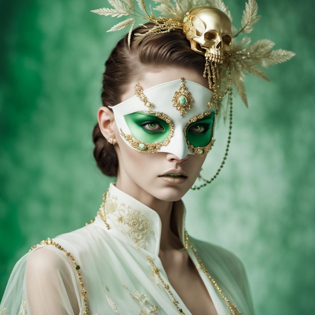 Ethereal Celestialpunk Goddess in White Mask, Green Eyes, an...