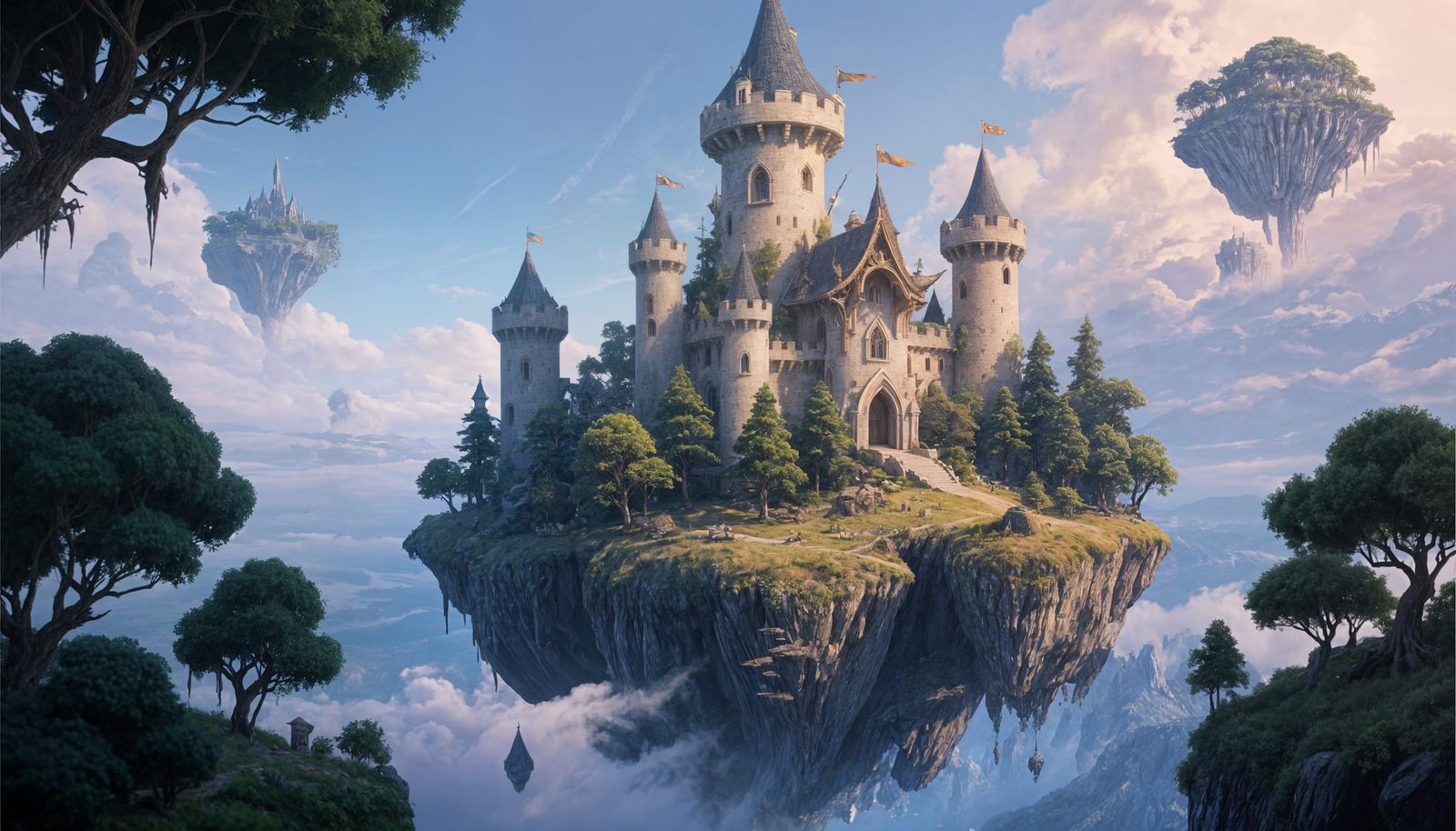 Elven Castle on Floating Island, Detailed Matte Painting
