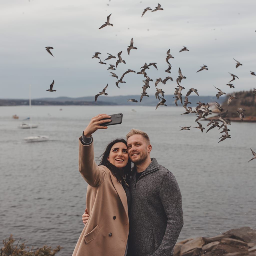 Lovebirds Photobombing a Scenic Selfie