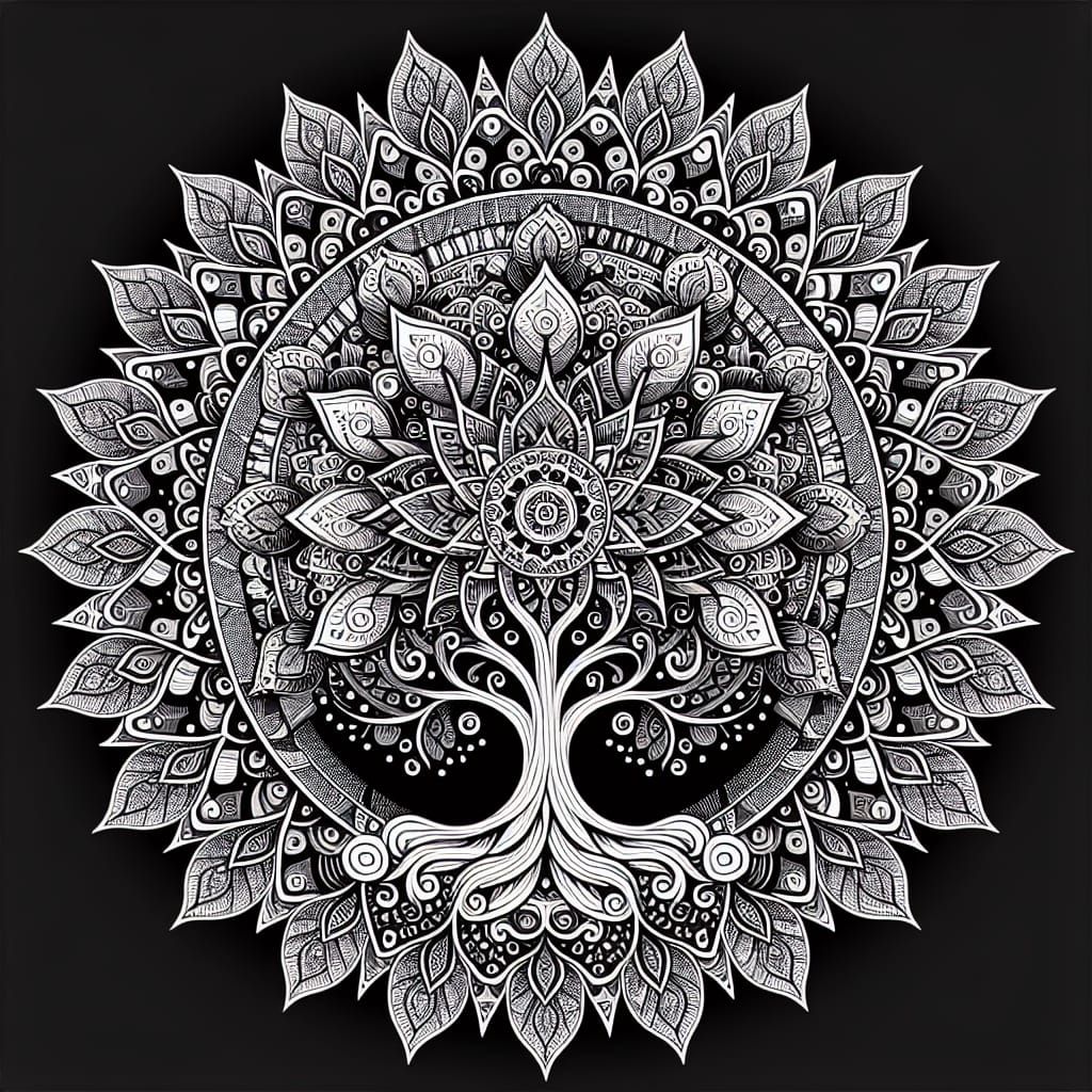 Detailed Black and White Mandala Tree of Life Design