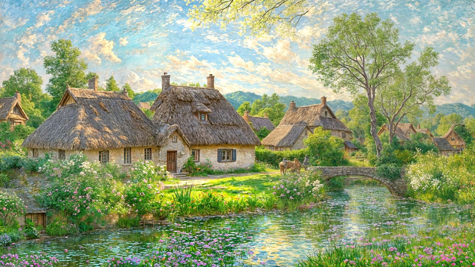 Tranquil Village Scene by Winding River at Sunset