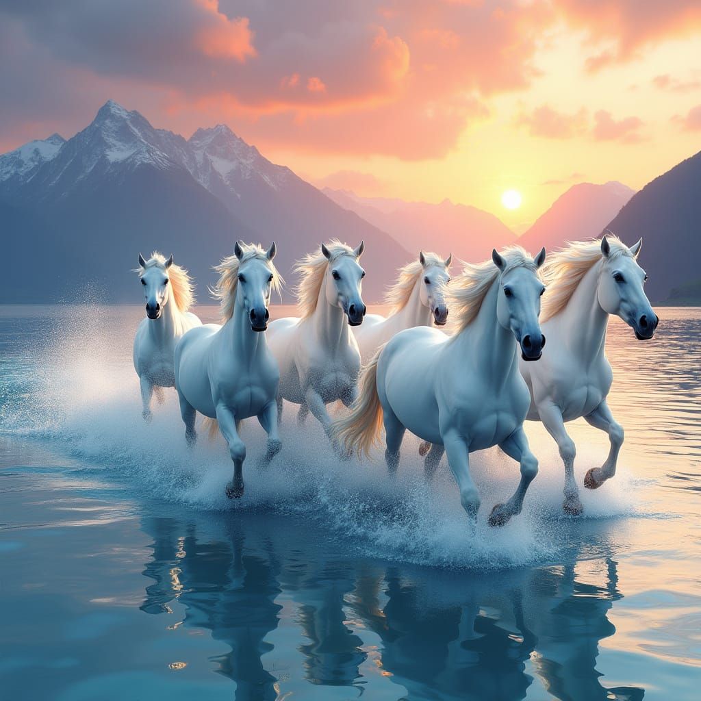 Majestic Horses Gallop Through Sunset Water