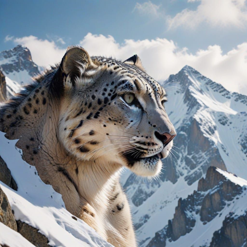 Double Exposure Silhouette Snow Leopard head, snowy mountains jagged cliffs