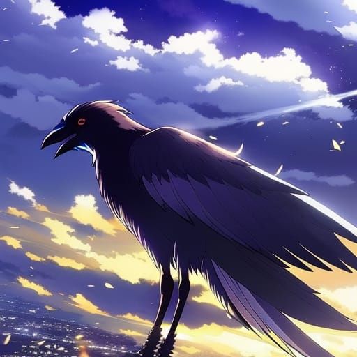 Raven Soaring at Night in Anime Style