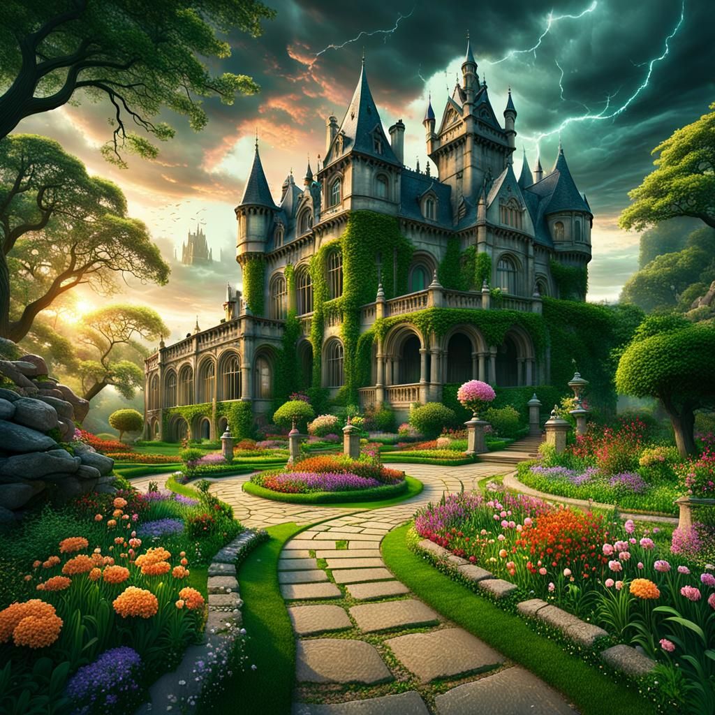 Vibrant Garden and Gothic Mansion Digital Painting