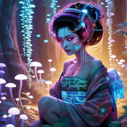 Cyberpunk Geisha in Glowing Grove