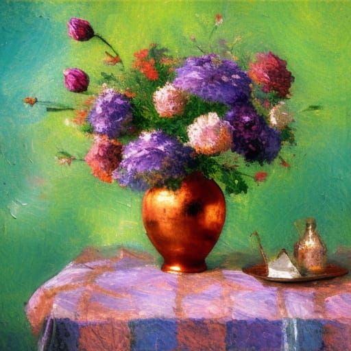 Copper Vase with Purple Flowers, Neo-Impressionist Painting