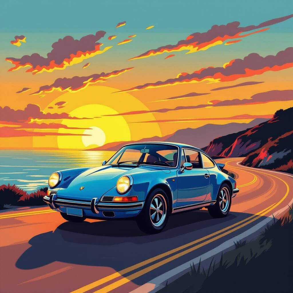 Retro 1970 Porsche 911 Coastal Drive Poster
