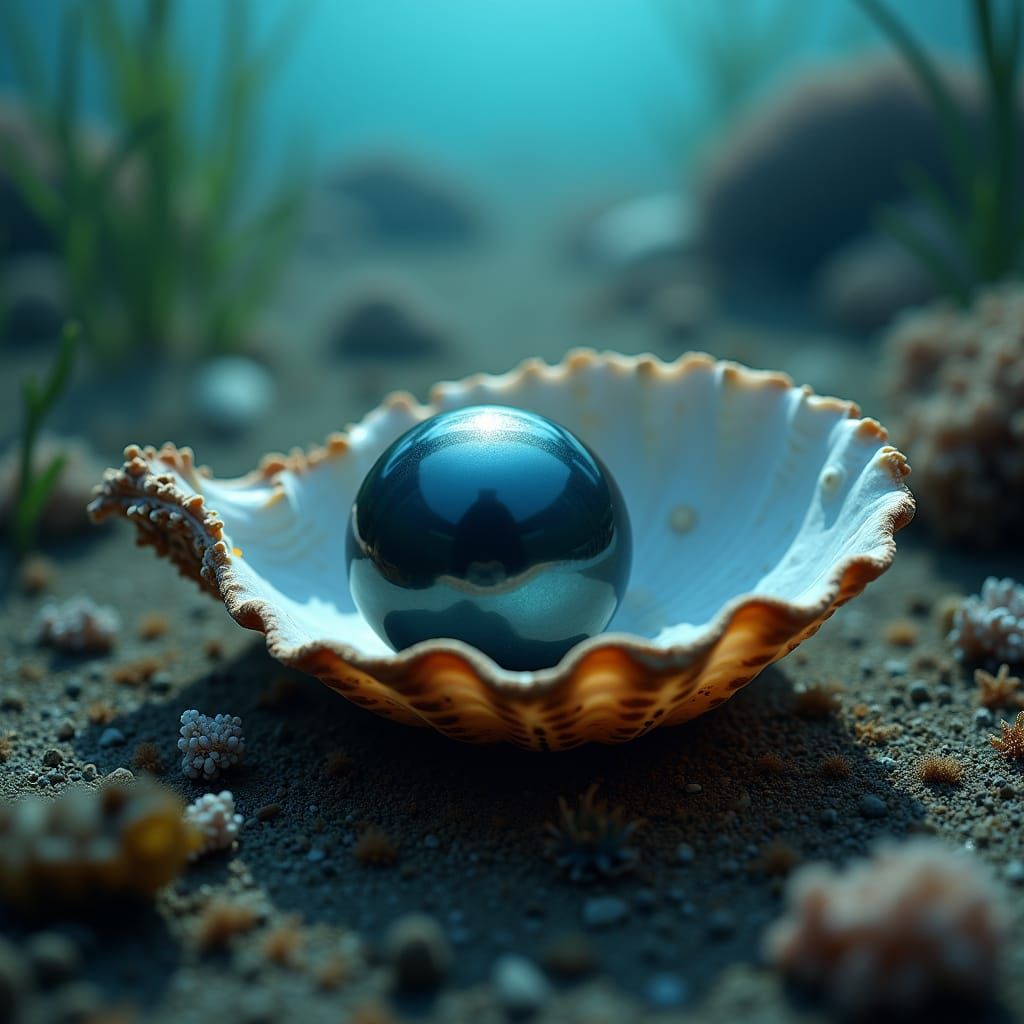 Black Pearl in Oyster Shell on Ocean Floor