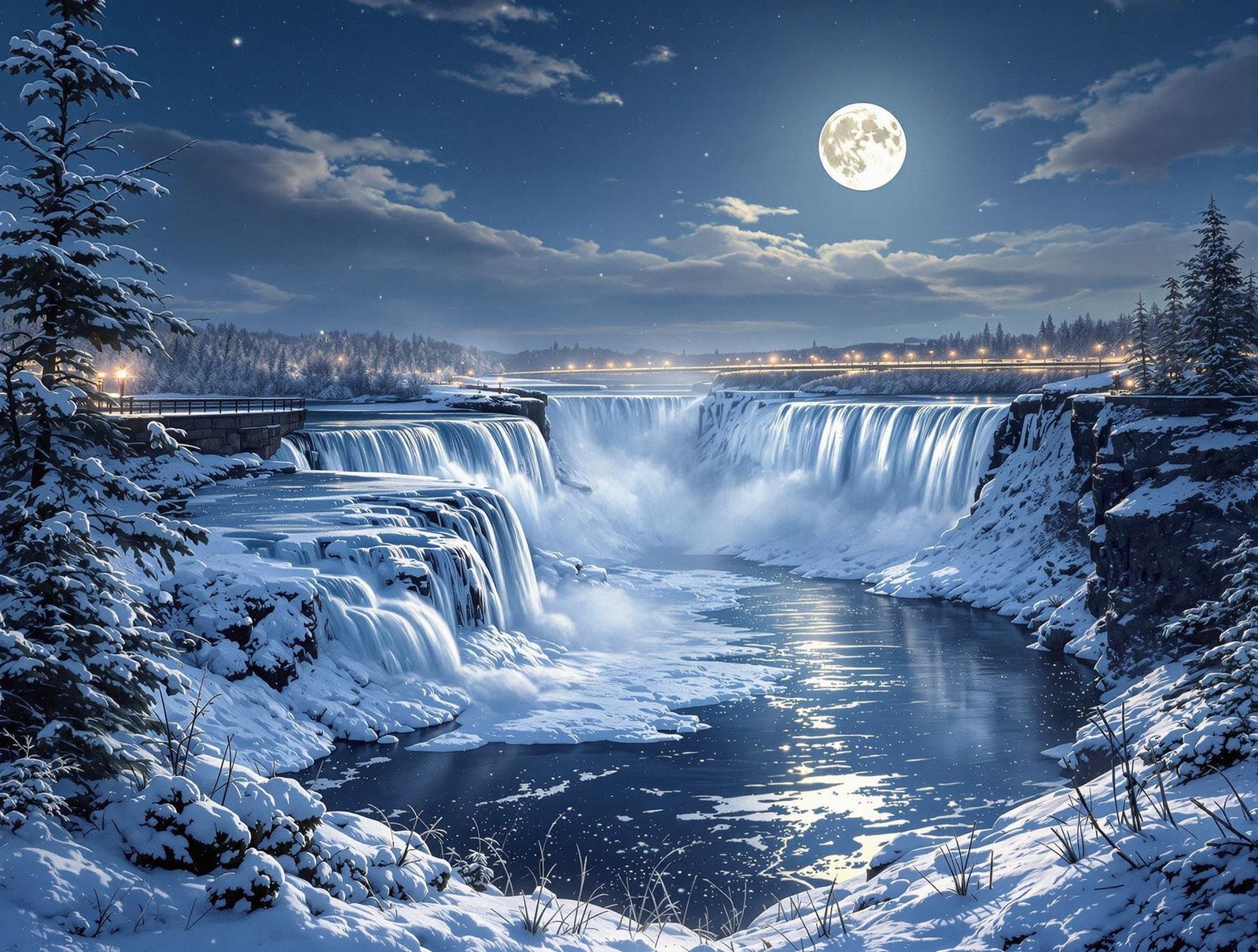 Niagara falls winter scene under full moon