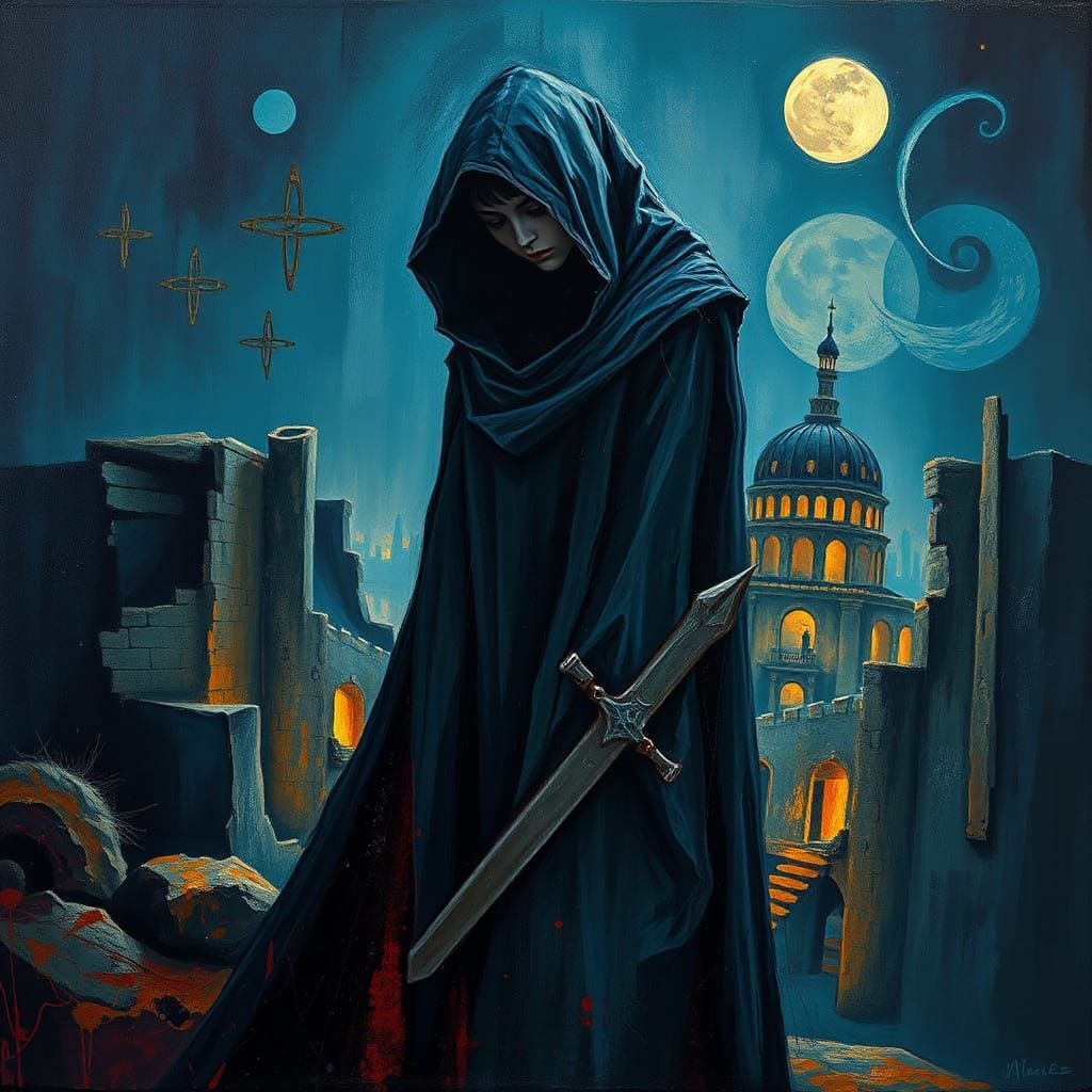 Melancholic Hooded Figure in Impasto Heavy Metal Style