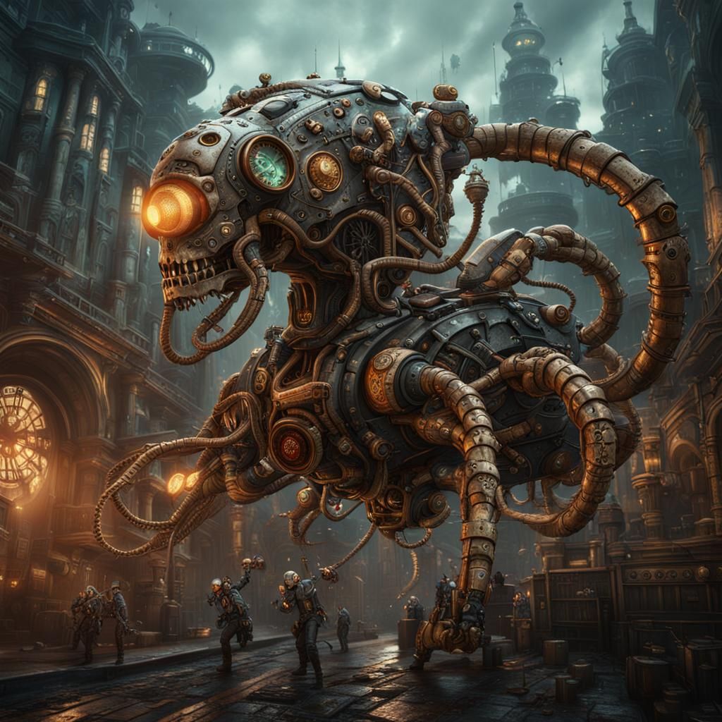 Steampunk Hydra Cyborg in Detailed Matte Painting