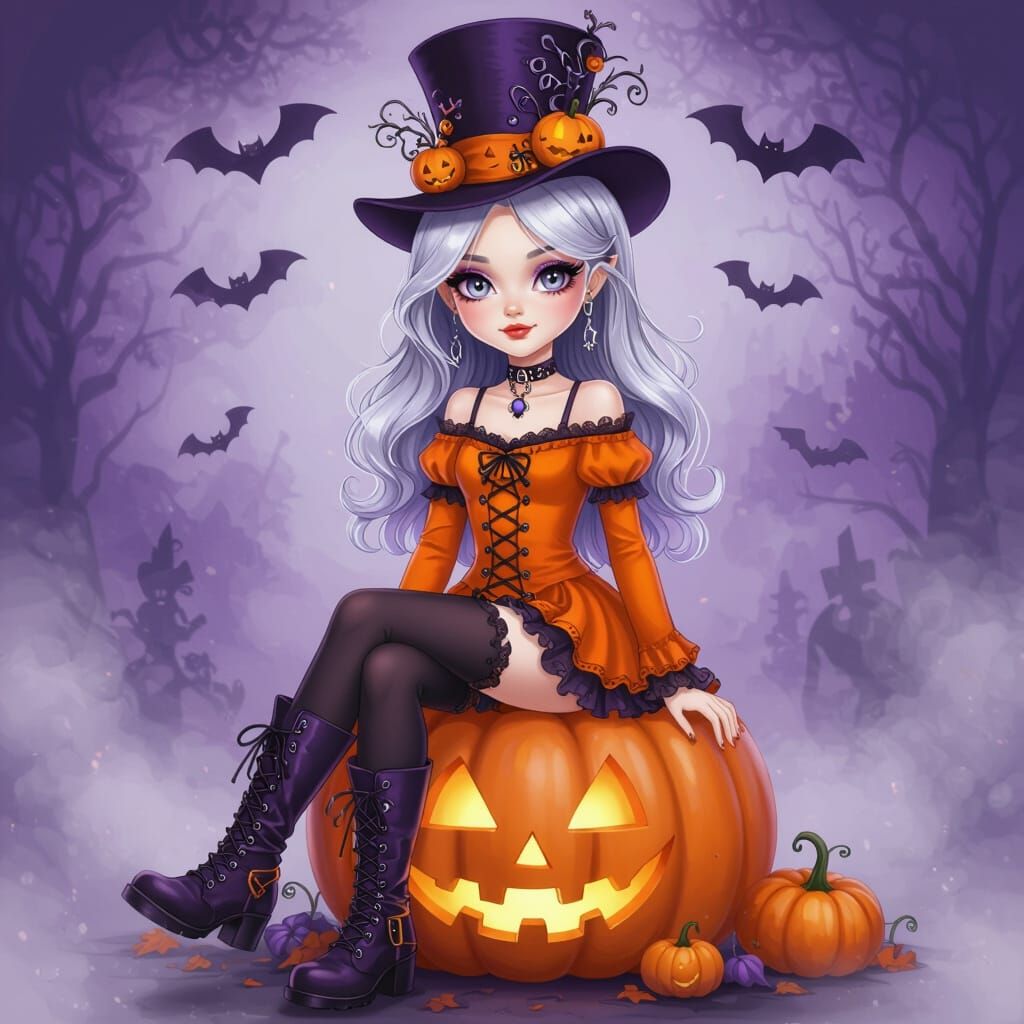 Gothic Girl on Pumpkin in Watercolor Cartoon Style