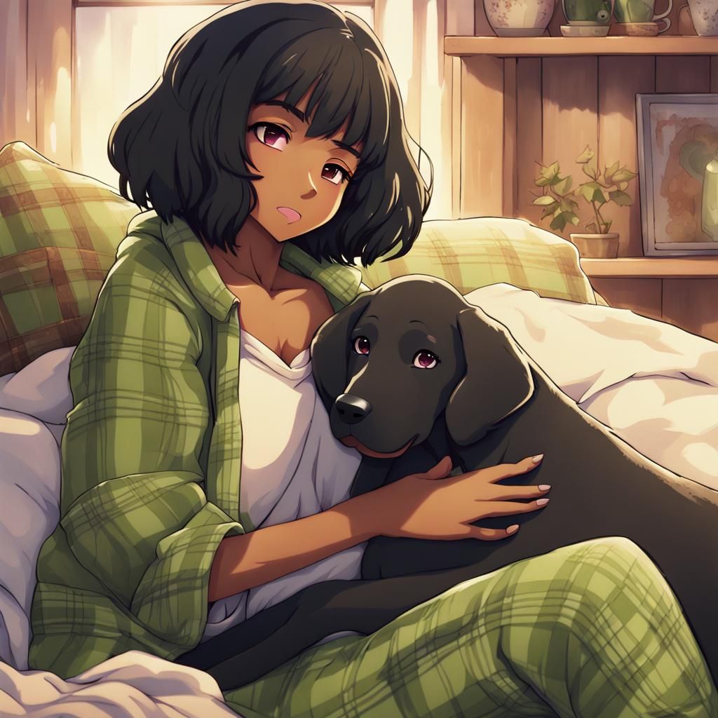 Girl Snuggling with Dog in Anime Style
